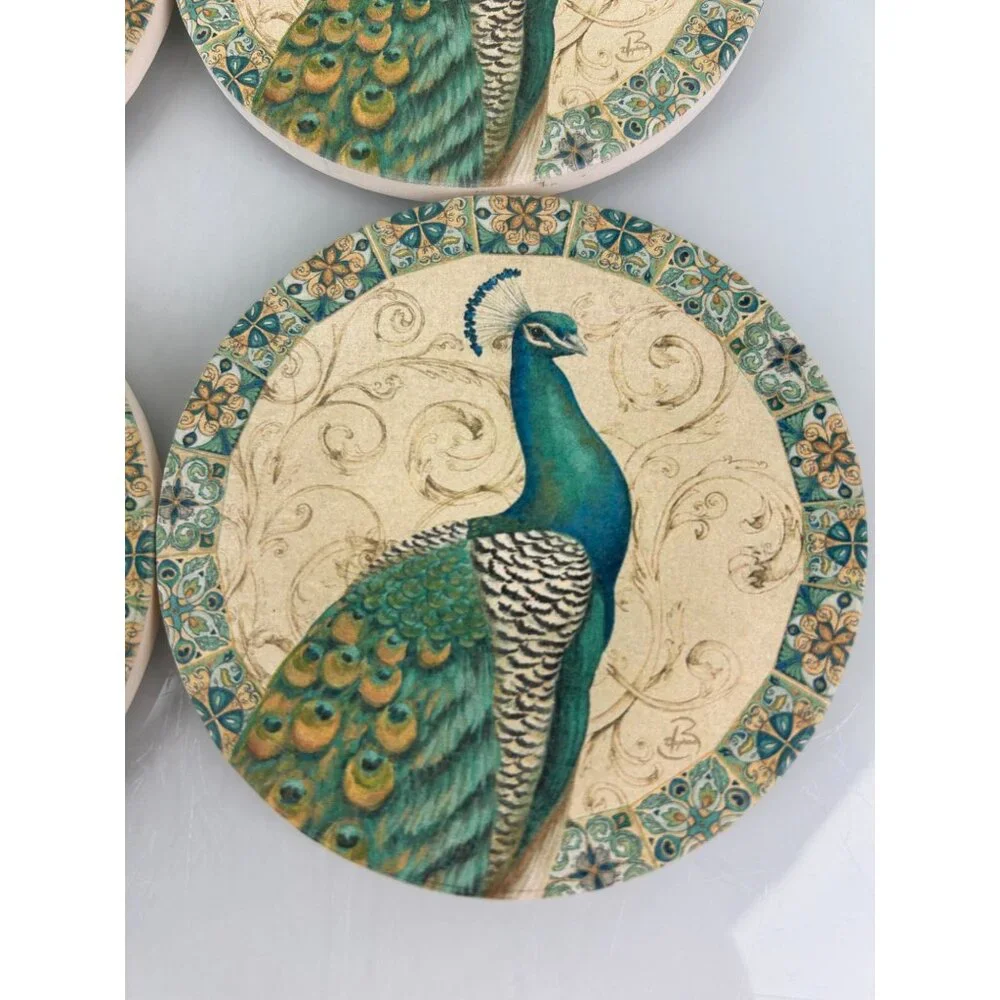 Daphne B Peacock Bird Round Coasters Teal Scrolls Bordered Elegant Pretty (4)